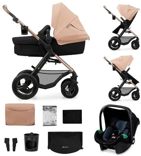 Kinderkraft MOOV 2 AIR 3-i-1-modulsystem upp till 26 kg, med Ovetto I-SIZE 40–75 cm, MINK FX, Vändbar barnvagn fram och mamma och väg, justerbart ryggstöd, hjul EVA, beige