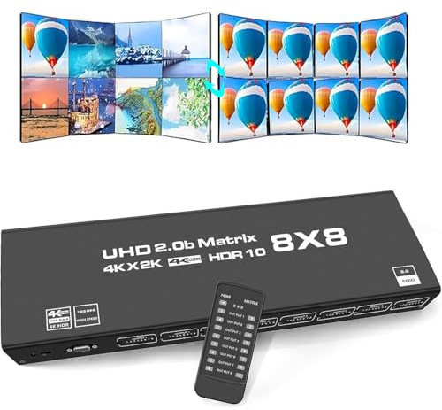 8x8 HDMI Matrix Switch 4K@60Hz HDMI Matrix switcher 8 in 8 Out YUV 4:4:4/RGB with RS232, IR, 18Gbps, HDCP2.2, HDMI2.0, 3D,EDID,ARC,CES,HDR10