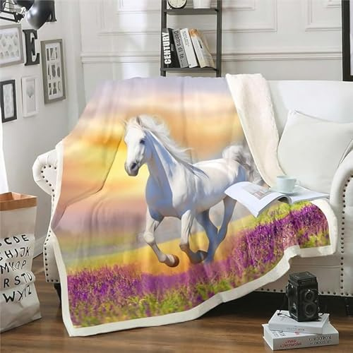 ZZTBQ Pferde Geschenk Drucken Kuscheldecke für Erwachsene Pferd Horse Pfer Weiß Warm Sherpa Decke Dicke Sofa Flanell Fleecedecke 150x200cm Pferde Mädchen Geschenk Überwurfdecke für Bett Flauschige