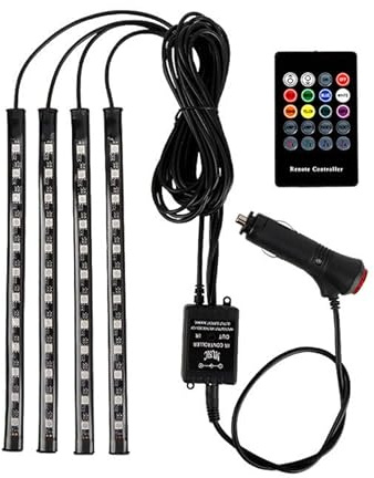 12V LED Auto Innenbeleuchtung mit 4 Stück 48 RGB, 3 m mehrfarbig Auto LED Streifen, steuerbare Lichtleiste mit Fernbedienung, Wasserdicht Beleuchtung für Zigarettenanzünder,Innenraumbeleuchtung