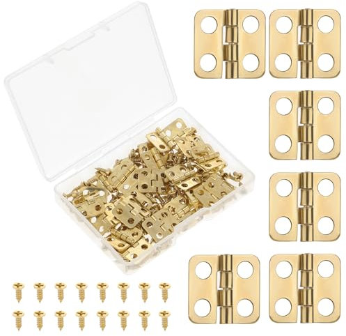 60 Stück 14 x 12 mm Messing Scharnier Klein, Mini Scharniere Hinges, kleine Scharniere für Holzkisten, 180-Grad-Drehscharniere mit Schrauben, Miniatur-Möbelzubehör (Gold)