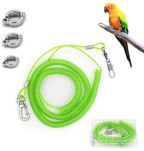 LuckyOpt Parrot Flying Leash, 16.4 ft Training Rope with 3 Size Bird Foot Ring, Anti-Bite Elastic String for Cockatiels, Birds, Pigeon (Green)