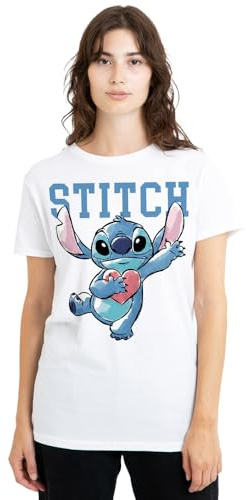 Disney Lilo Stitch Clutching Hearts Camiseta de Mujer, Blanco, L