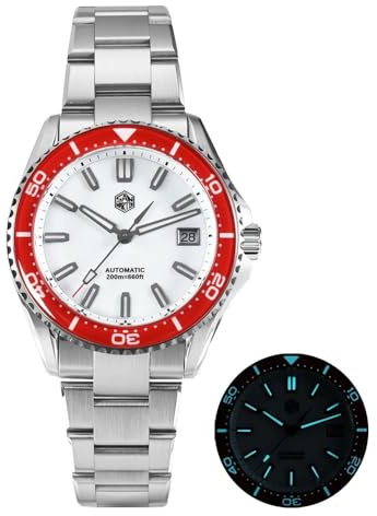 San Martin 2025 Neue Emaille-Zifferblatt, voll leuchtend, 39 mm Taucheruhr, Luxus-Herrenuhr, NH35, automatisch, mechanisch, wasserdicht, 200 m, SN0129, Emaille weiß-rot, Sportlich