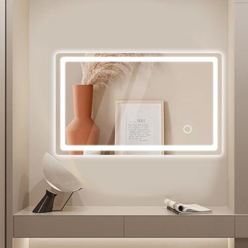 KLGFI Badspiegel mit Beleuchtung, 50x70cm Wandspiegel mit Stecker, Kaltweiß | Spiegel mit Licht für das Badezimmer, Badezimmerspiegel fürs Bad mit Touch-Schalter 6000K