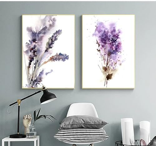 LMYCHENG Abstrakte botanische Poster, lila Lavendel und Flieder, Drucke, Blumen, Gemälde, Wandkunst, Leinwandbilder, Wohnzimmerdekoration, 30 x 40 cm x 2, rahmenlos