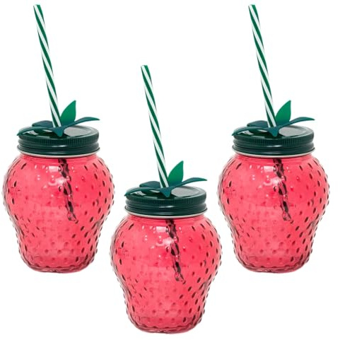 Carousel Home Pack of 3 Strawberry Glass Drinking Jars with Lid & Straw | Fun Summer Red Strawberry Mason Jars | Novelty Glasses for Picnics, Parties & Outdoor Cocktails - 450ml