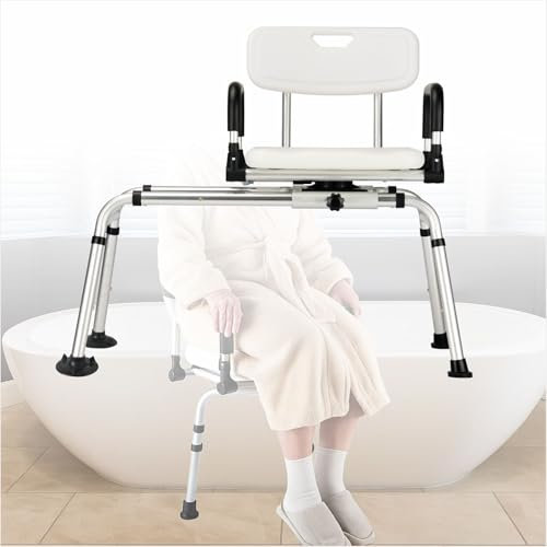 Sedia da doccia scorrevole con sedile girevole, panca di trasferimento vasca per anziani, disabili e disabili, sedile girevole a 360°, altezza regolabile da 35,6 a 48,3 cm, capacità di carico 158,8 kg