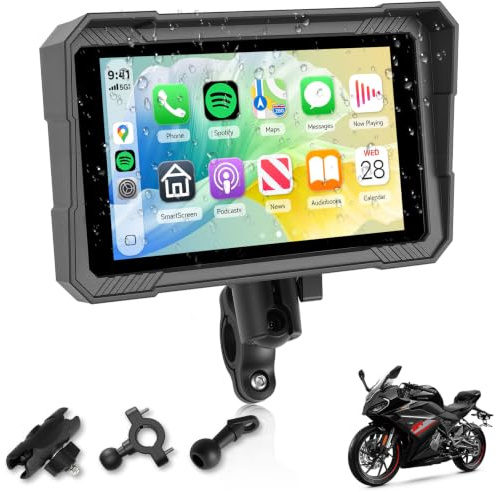 Rimoody Motorcycle Wireless CarPlay Screen 5'' Waterproof Touchscreen | Portable Carplay Android Auto for Motorbike Bluetooth Physical Control Button Online Map Siri Tyre Pressure Detection