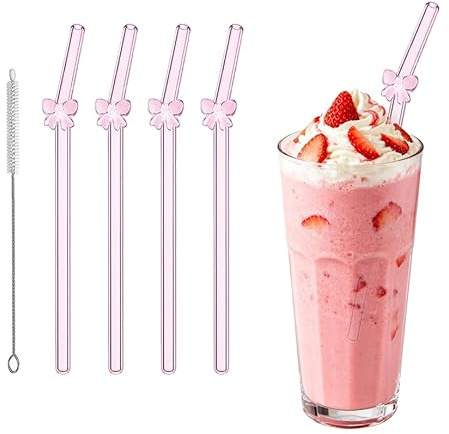 MSLSOZ 4 cannucce rosa per bicchieri, riutilizzabili, con spazzola per la pulizia, graziose cannucce in vetro con fiocchi, per frullati, latte, caffè, cocktail, acqua, frappè