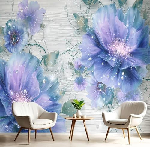Carta Parati Murale Blu-Viola Fiori Di Diamante 350X260Cm Carta Da Parati Panoramica Piante Acquerellate Effetto 3D Poster Da Parete Per Sogg Per Soggiorno,Camera Letto,Ufficio,Tv Sfondo