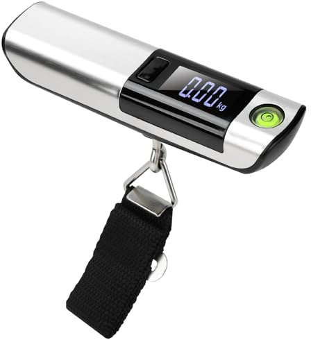 Digitale Gepäckwaage, 50 kg / 110 lbs Tragbare Hängewaage mit Haken und LCD-Display, praktischem 1m Maßband und Wasserwaage für Präzises Wiegen unterwegs.