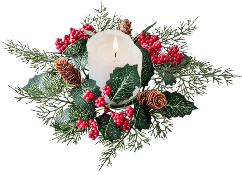 Corone di Natale per porta d'ingresso | Corona di Natale con anello a candela,Decorazione artificiale di pino bacche rosse centro tavolo per soggiorno, camino, camera da letto, sala da pranzo, cucina