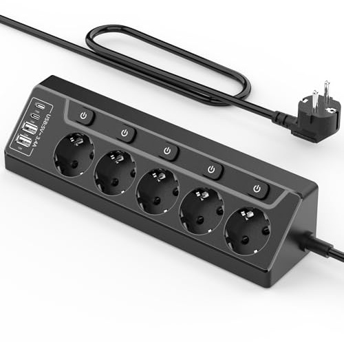Inhwatek Eck Steckdosenleiste Überspannungsschutz mit USB C, 5 Fach Tischsteckdose Mehrfachsteckdose mit 2M Kabel (3680W,16A), Verteilersteckdose für Küchemit Heim Büro