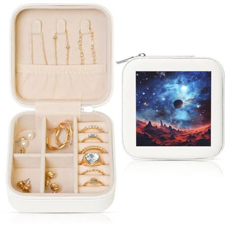 KKLWEGU Galaxy Space Schmuckschatulle, klein, Reise-Schmuckkästchen, Organizer für Damen, Mädchen, Geschenke für Geburtstag, Weihnachten, Weiß