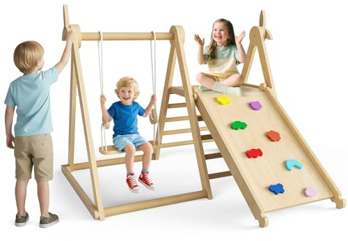 Lischwert 5-in-1 Montessori Kletterdreieck Set mit Schaukeln, Rutschen, Kletterleitern, Kletterbretter und Windmühlen – Holz Klettergerüst für Babys & Kleinkinder ab 1–3 Jahre, Indoor Spielgerät
