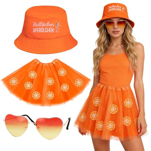 Axinyijia Aperol Kostüm Damen Set, Karneval Aperol Spritz Fischerhut Anglerhut mit Tüllrock Sonnenbrille für Fasching Apero Party