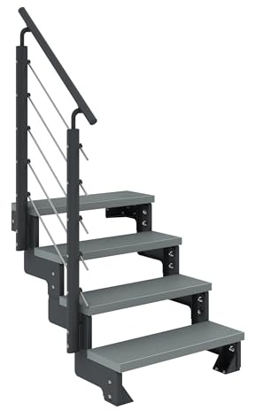 DOLLE Außentreppe Gardentop 2-14 Stufen inkl. Trimax® Stufen in Anthrazit, Grau oder Dunkelbraun Stufenbreite 80 cm oder 100 cm mit Geländer (Grau, 4 Stufen (72 bis 88 cm) | 80 cm)