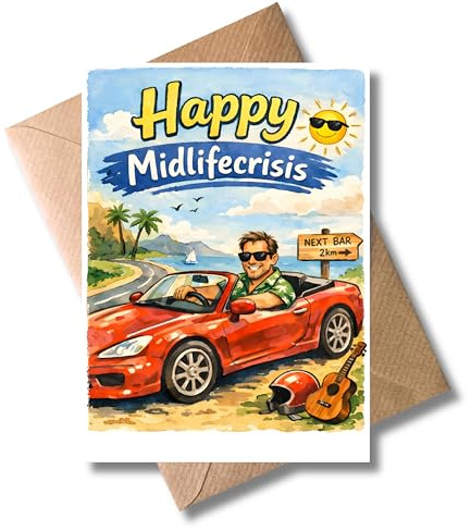 WBdesignz lustige Geburtstag Karte 30. 40. 50. Geburtstag Männer - Happy Midlifecrisis - humorvolle Glückwunschkarte für Vater, Sohn, Freund - Gratulationskarte mit Auto (DIN A6)