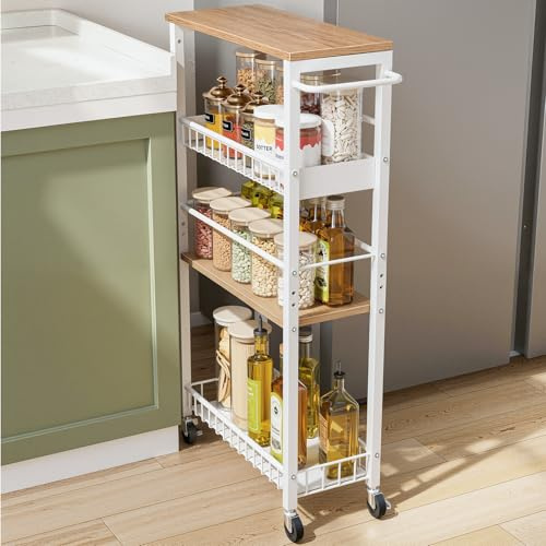 Kssiaz Carro de Almacenamiento Delgado con Ruedas, Carrito Pequeño de 4 Niveles con Manija, Profundidad de 7,1, Altura Ajustable, Estante Móvil Multiusos para Cocina, Baño, Lavadero, Blanco