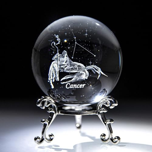 HDCRYSTALGIFTS Kristallkugel 60 mm Kristall Briefbeschwerer Vollkugel Glas Fengshui mit versilbertem Blumenständer (Cancer)