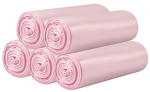 5 rollos de bolsas de basura pequeñas, 100 bolsas de basura pequeñas duraderas de 4 galones para el hogar, oficina, cocina, baño, dormitorio (rosa)
