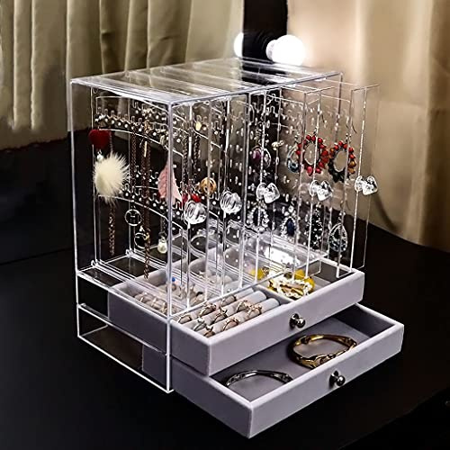 Aebor Acryl-Schmuckschatulle mit 2 Schubladen, 5 transparente hängende Ohrringhalter, Samt-Schmuck-Organizer, transparente Schmuck-Aufbewahrungsbox für Frauen, Armband, Ohrringe und Halskette.