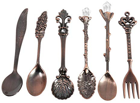 Tomotato Vintage European Court Tableware Set, Antique Red Bronze Carved Mini Serving Teaspoons, 6 Piece Cutlery for Kitchen Dining Bar and Tea Parties