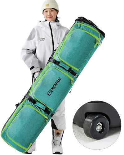 XCMAN Bolsa de Snowboard Acolchada con Ruedas, Longitud Ajustable 63-75 Pulgadas, Bolsa Acolchada para Viajar al Aire, Capacidad de Carga 100L (Green)