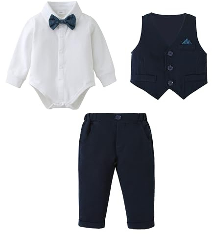 Amissz Baby Boy Clothes Outfit Suits, Infant Gentleman Long Sleeve Romper Jumpsuit+Pants+Bow Tie Formal Tuxedo Clothing Set for Boys (Dark Blue, 3-6 months)