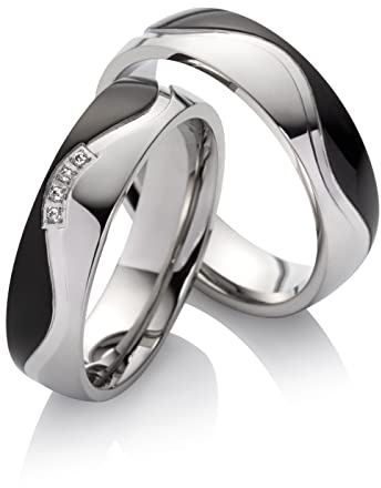 Paar Partnerringe & Eheringe aus Edelstahl – 6 mm Ringpaar schwarz beschichtet mit 4 Zirkonia, Trauringe für Sie und Ihn mit Gravur und Etui | 8014