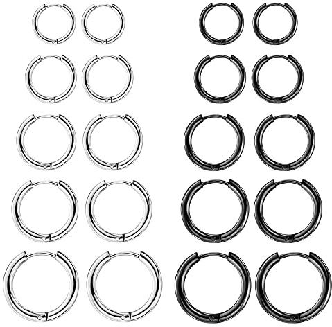 Boucles d'oreilles créoles en acier inoxydable Petites, Noir Argent Huggie cartilage pour hommes femmes unisexes