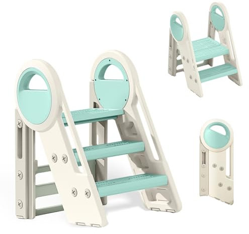 Tritthocker für Kinder, 2 Stufen-3 Stufen Höhenverstellbar Trittschemel Faltbar für Bad, Kleinkinderzimmer, Küche (Blau + Weiß)