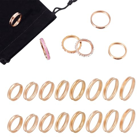 UNICRAFTALE Cirka 16 st 8 storlekar titan stål ring tomma rosguld räfflade fingerring inställningar ring kärna blank för harts runda tomma ringar tomma för inläggsring smyckestillverkning