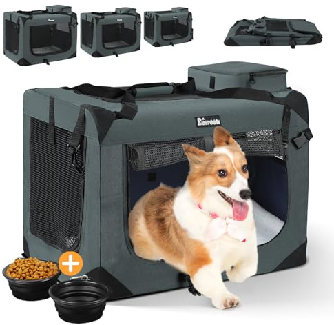 Reerooh Hundebox XL 81x 58 x 58cm, Faltbar Hundetransportbox Inkl.Hundenapf, Tragbare Hundetasche für Reisen, Hunde und Katzen Auto Haustiertransportbox