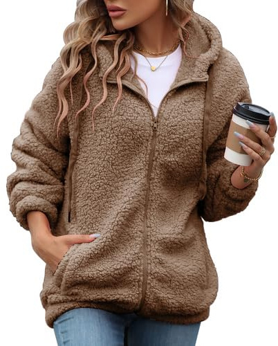 Vipwest Womens Full Zip Fleece Jacket 2026 Fall Winter Long Sleeve Hooded Sherpa Coats with Pockets (Camel, 4X-Large)