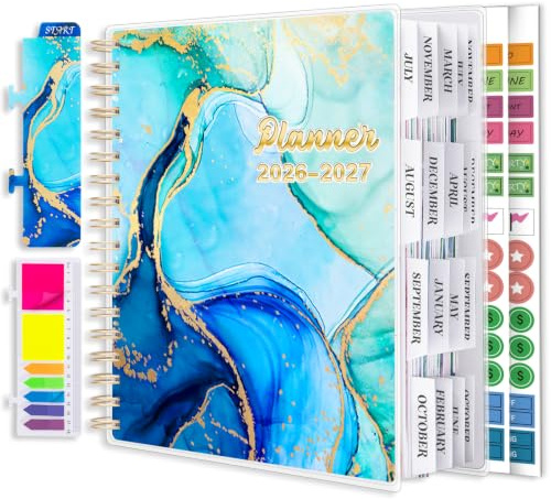 Agenda académica 2026-2027, calendario semanal y mensual de 18 meses, julio de 2026 a diciembre de 2027, agenda diaria de 7.9 x 9.8 pulgadas con pestañas, marcador, calcomanías, juego de notas