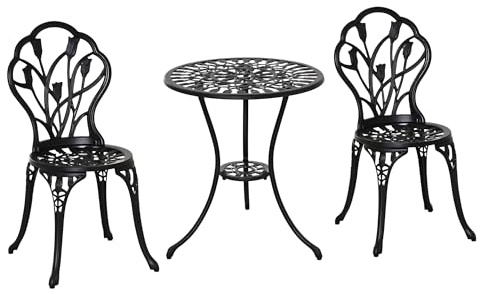 Outsunny Set Bistrò da Esterno 3 Pezzi con Foro per Ombrellone, Nero | Tavolino Rotondo da Esterno con 2 Sedie, Set da Balcone in Alluminio, per Patio, Cortile