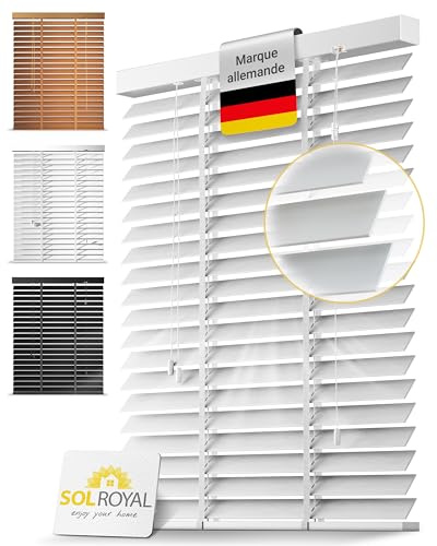 Sol Royal Holzjalousie 50 mm Lamellen extra breit Massivholz Echtholz Wand | 100x180cm in Weiß Holzrollo Blickschutz Jalousie einfache Montage & Decke Rollo Fensterjalousie Fenster Tür innen BE5