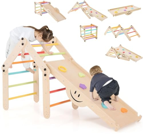 GYMAX 10 in 1 Kids Climbing Set, Foldable Wooden Toddler Climber with Reversible Ramp, Indoor Children Climbing Frame for 3 Years Old + Boys Girls (Colorful)