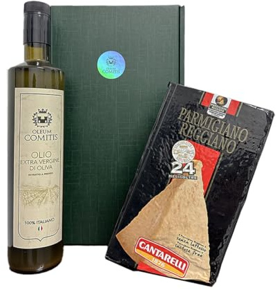Oleum Comitis - Olio Extra Vergine di Oliva - 100% Italiano Estratto a Freddo - Confezione Regalo con Bottiglia da 750 ml e Parmigiano Reggiano Cantarelli 1876 Stagionato 24 Mesi da 1 Kg