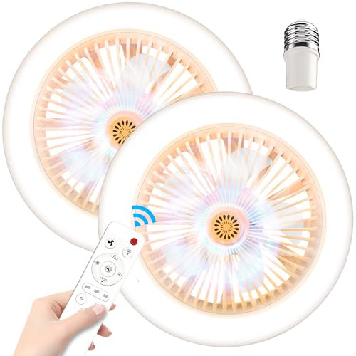 Lvkakmox Ceiling Fans with Lights - 2 Pcs Socket Ceiling Fan 10 Fan with Light and Remote, E27 Base, 3 Speed Wind Adjustment, 3000-6500k Dimmable LED Light for Bedroom, Kitchen, KBS-10k002
