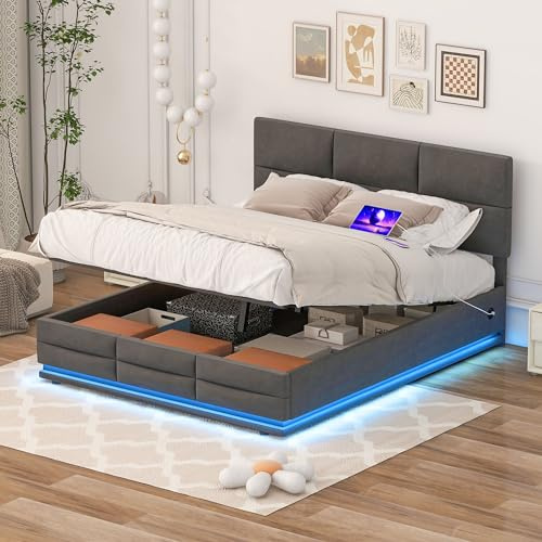 Polsterbett 160x200 mit LED und USB, Doppelbett mit Großer Stauraum und Verstellbares Kopfteil, Bett mit Lattenrost, Hydraulisch Stauraumbett Samtstoff Bettgestell, ohne Matratze (Grau, 160x200cm)