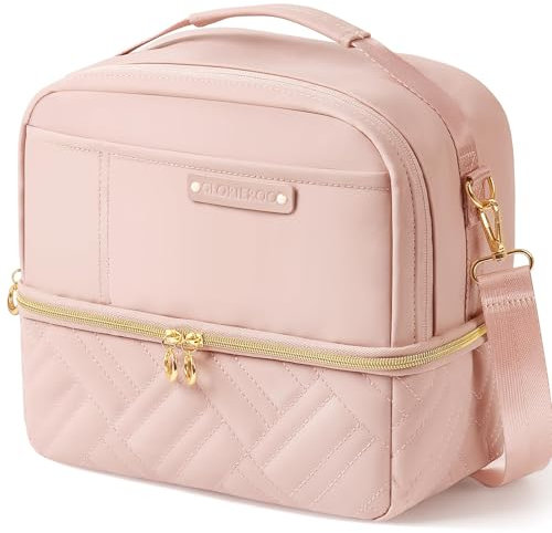 Hihealer 2 Tier Lunch Bag 26x16x26cm Women with Stylish Vegan Leather - Large Leakproof Insulated Cool Bag with Removable Adjustable Strap for Work Picnic, Christmas Gifts for Women (Pink)