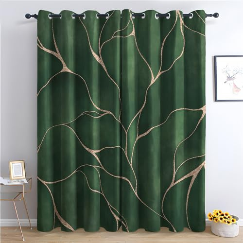 Generisch Vorhänge Dunkelgrün - Gold Streifen Marmor Fenster Gardinen mit Ösen, Vorhang Blickdicht Verdunklungsvorhänge Thermovorhang für Wohnzimmer Schlafzimmer Deko 2er Set, H 300 x B 140 cm M-#231