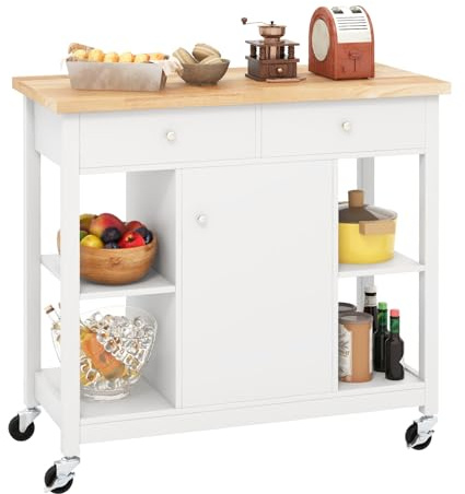 COSTWAY Desserte de Cuisine Mobile, Ilot de Cuisine Roulant, Plateau en Bois d'Hévéa, 4 Étagères Ouvertes, 2 Tiroirs, 1 Armoire Fermée, Chariot de Service pour Cuisine, Salle à Manger (Blanc)