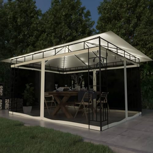 Gecheer Gazebo con Zanzariera e Luci LED 4x3x2,73 m Crema, Parasole, Pergola con Telo, Padiglione da Giardino, Tenda per Feste, A3070315