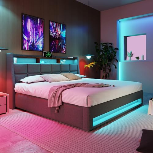 BXEYXE Sängklädselsäng med USB, 180 x 200 cm, LED-dubbelsäng med ribbotten av metallram, sängram av linnematerial, ungdomssäng, (utan madrass)