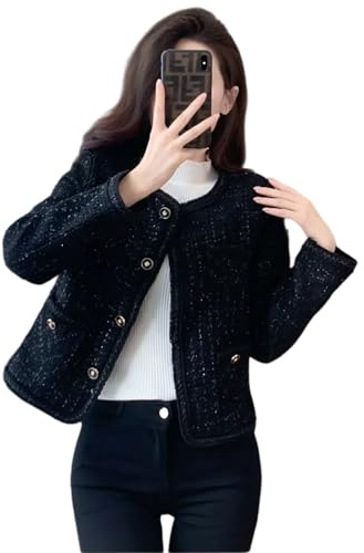 AUKLETBLIEF Blazer court en tweed pour femme - Élégant costume décontracté pour le printemps et l'automne, parfait pour le travail et les loisirs, Noir , 3XL