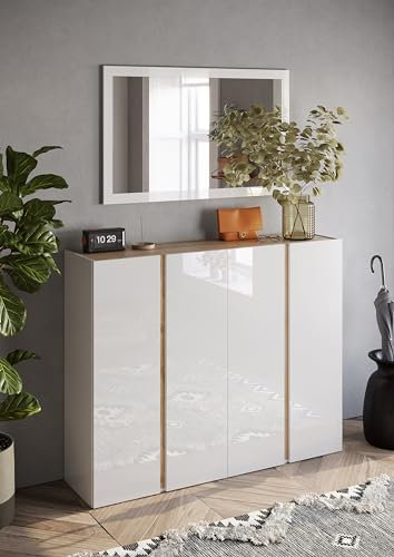 AVANTI TRENDSTORE - Marrubiu - Schuhschrank aus laminiertem Holz in Weiß Hochglanz / Kadiz Eiche mit 4 Flügeltüren und 10 Einlegeböden. Maße LAP ca. 140x111x35cm